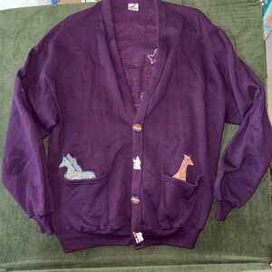 Vintage Jerzees Sweatshirt Cardigan Novelty Noahs Ark Animal Applique Purple L‎